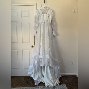 Vintage Tiered Lace Wedding Cream High-Neck Bishop Sleeve Dress
